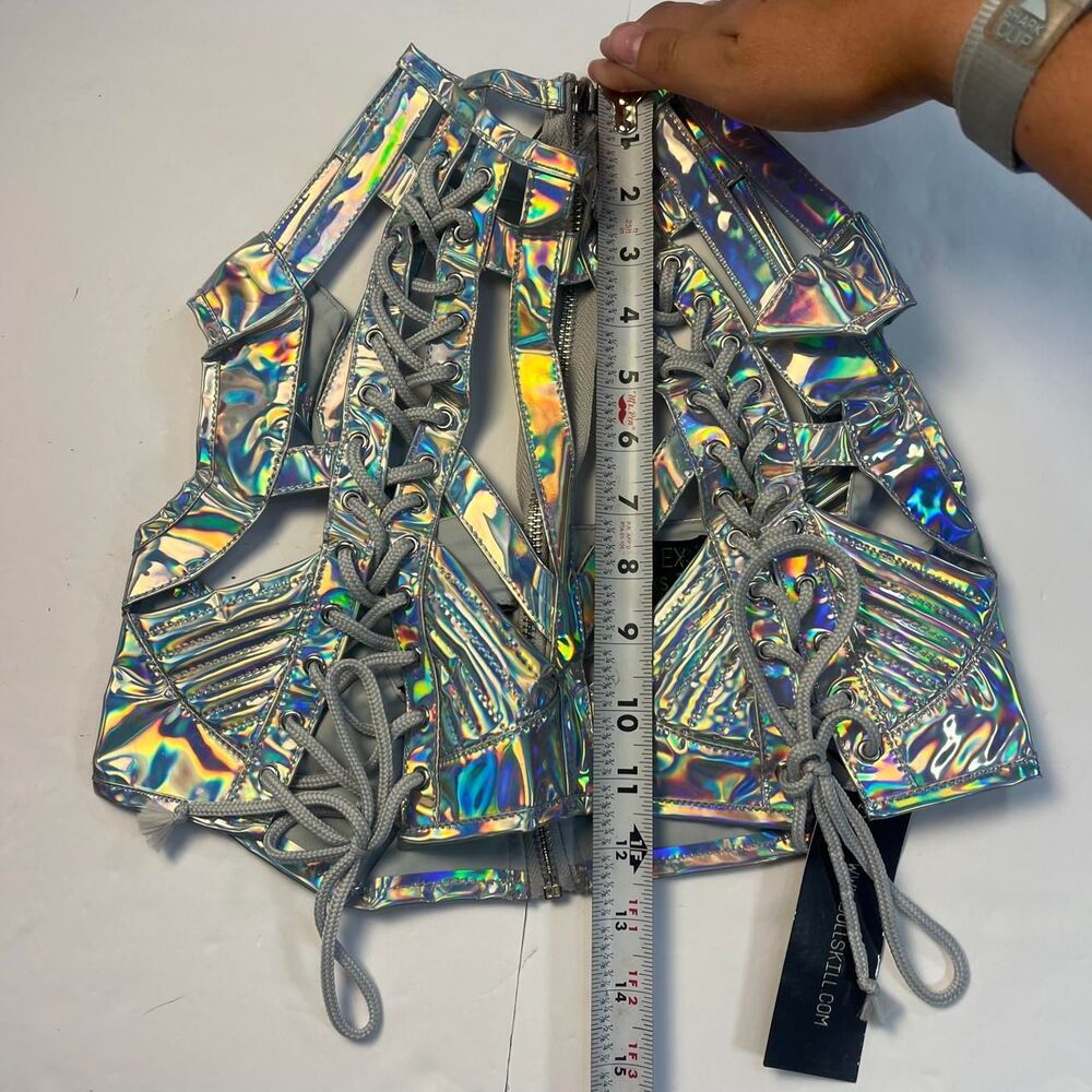 NWT Club Exx Silver Holographic Lace-Up Corset Top Cut-Out Festival Rave XS - Picture 7 of 7